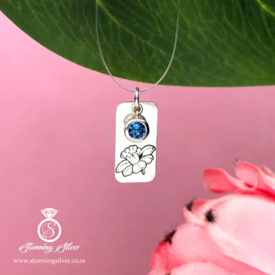 March Birth Flower Bar Pendant with Birthstone - Daffodil and Aquamarine Colored Cubic