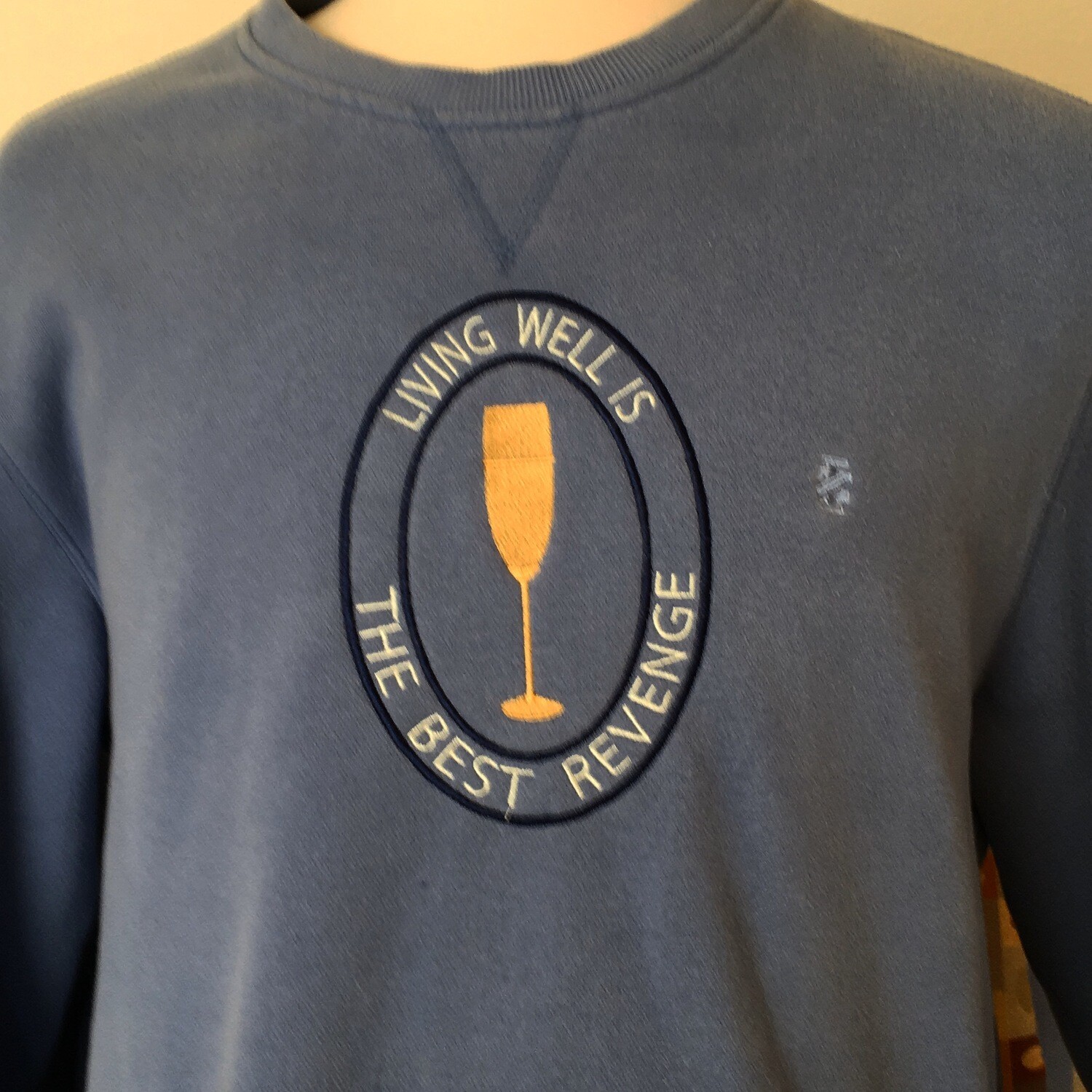 Living Well Is The Best Revenge, with a flute of bubbly, embroidery on long sleeved sweat shirt