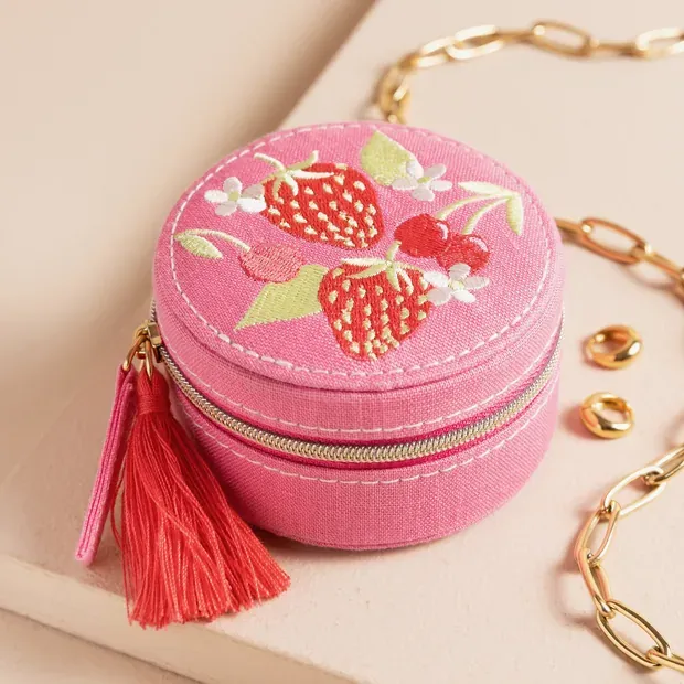 312 Lisa Angel Strawberry Embroidered Travel Round Jewellery Case