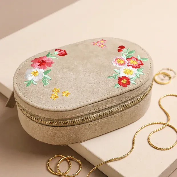 1565 Lisa Angel Embroidered Flowers Oval Velvet Jewellery Box