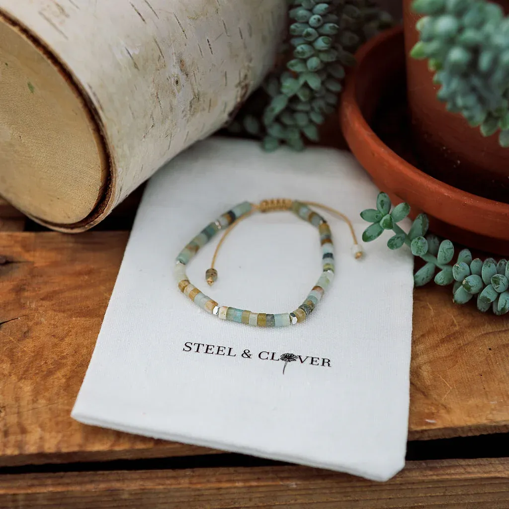 900 Steel &amp; Clover Pipestone Bead &amp; Stone Bracelet "Spring"