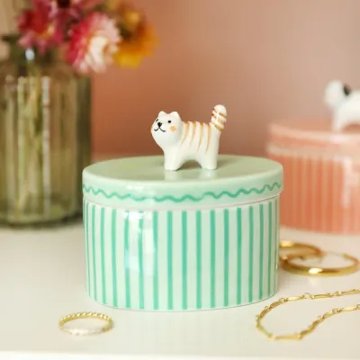 913 Lisa Angel Green Oval Cat Trinket Pot