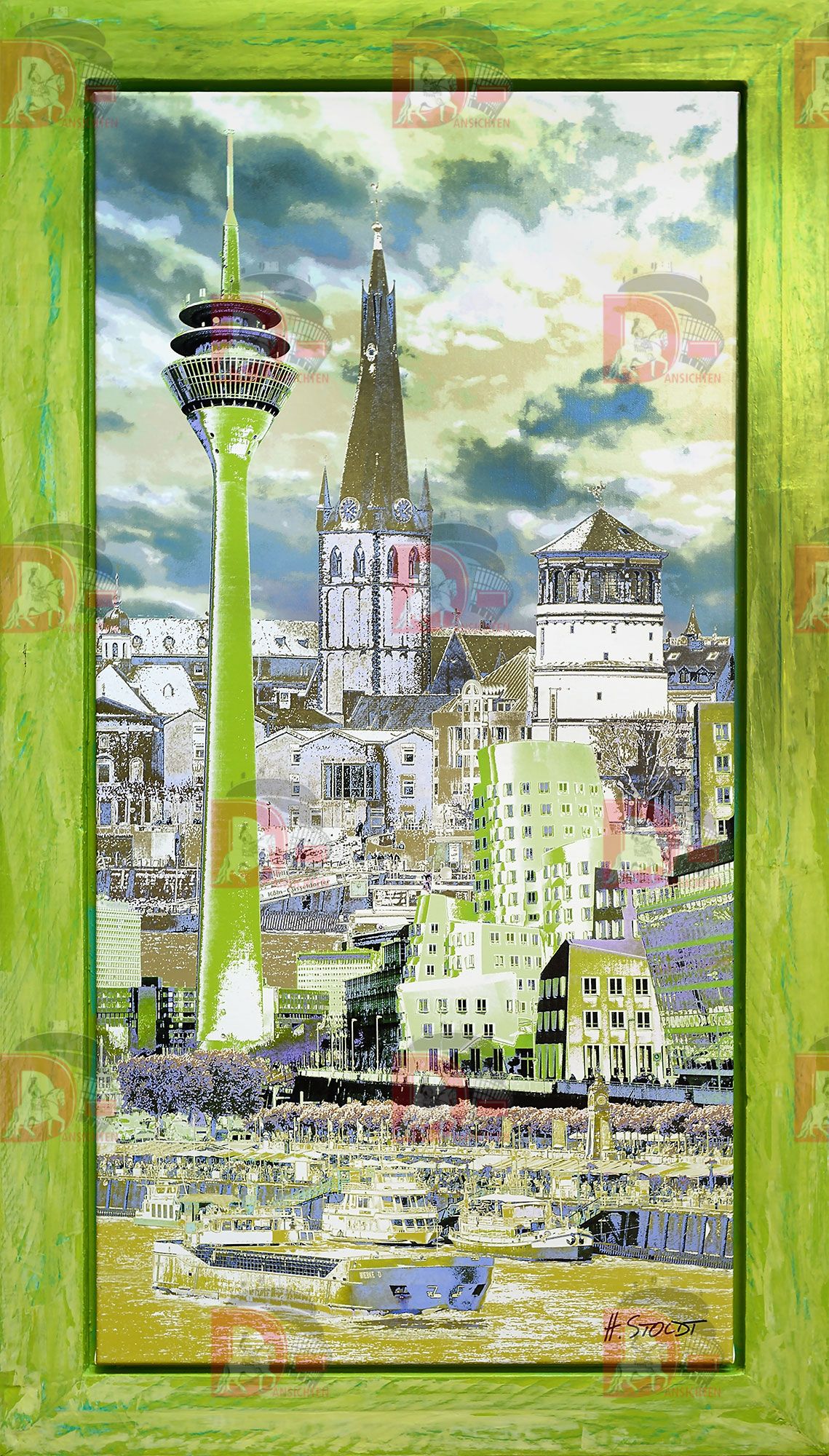 Composing in Grün, gerahmt