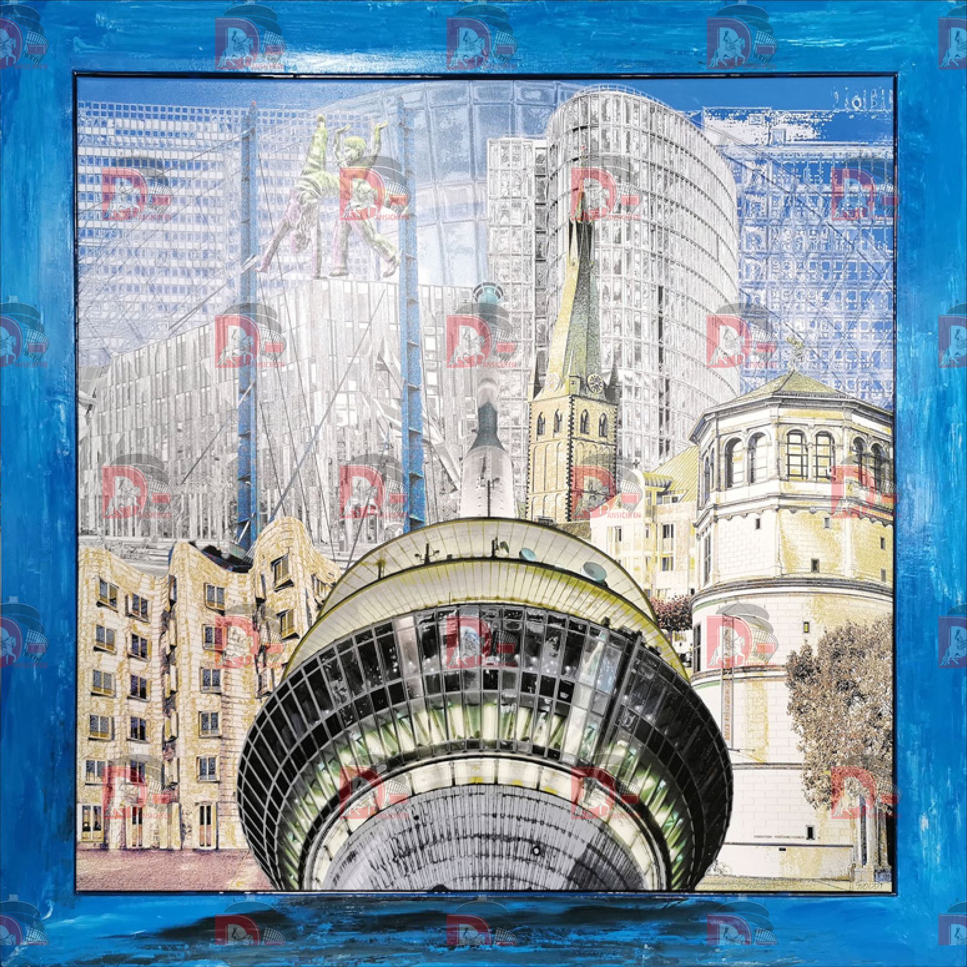 Composing in Blau mit Turm, gerahmt