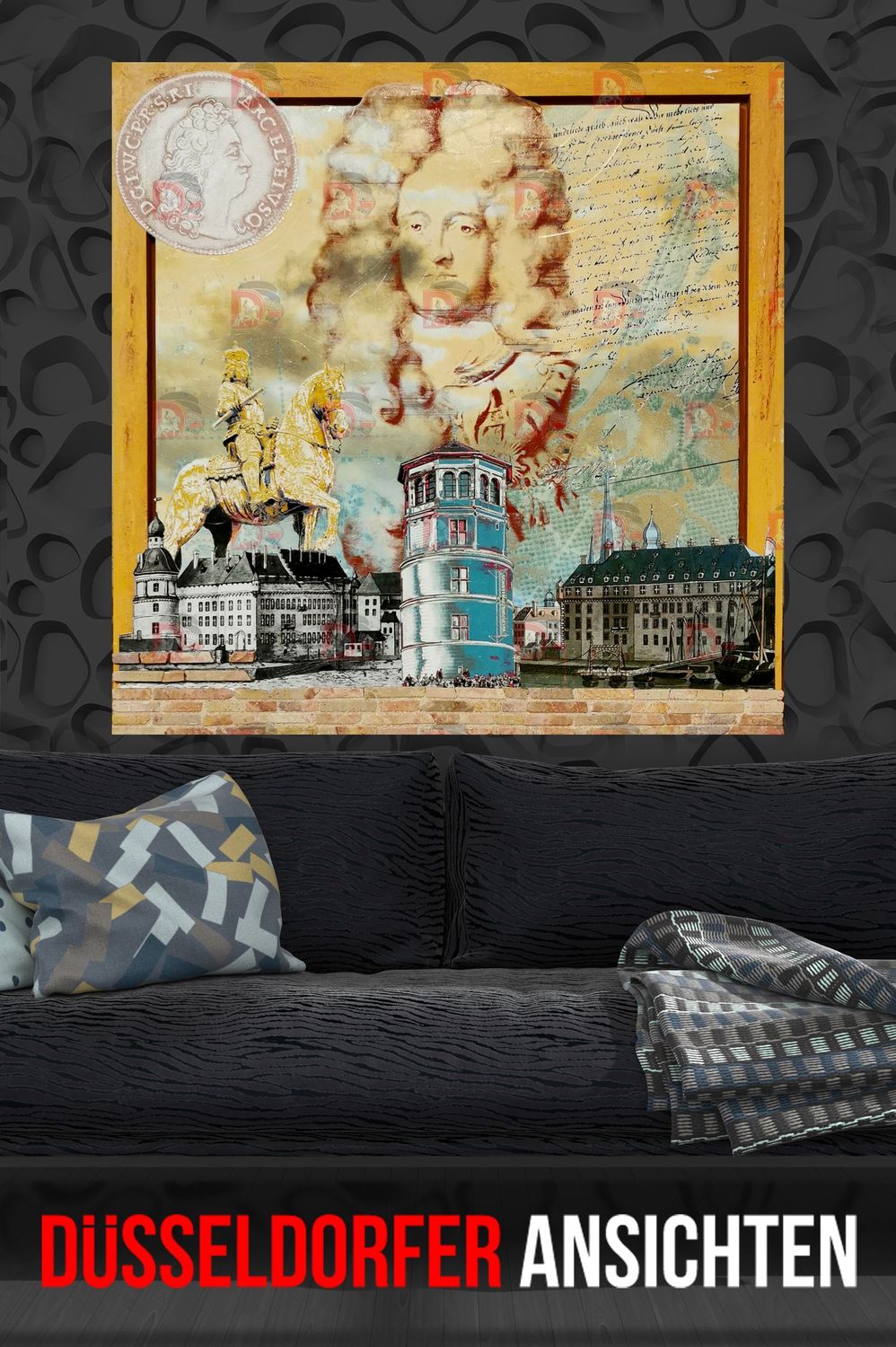Jan Wellem mit Schloss, gerahmt