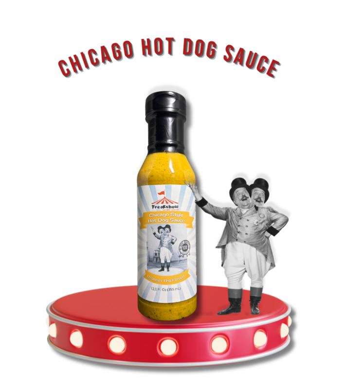 Freakshow Savory Sauces Chicago Hot Dog Sauce with mascot Bob Clarence