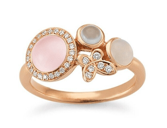 My Diary  Ring  Rotgold 750  Rosenquarz 1,07ct + Aquamarin + Mondstein + Brillant 0,12ct G/VS