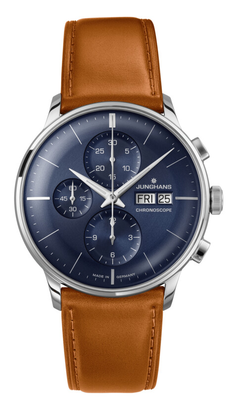 JUNGHANS Meister Chronoscope Edelstahlgehäuse, Automatik Chronosocpe, Zifferblatt blau, Lederband cognac