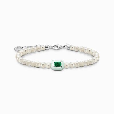 Thomas Sabo Armband mit weißen Perlen und grünem Stein