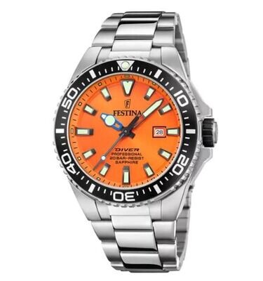 Festina Herrenuhr DIVER F20663/4 Edelstahl Armband Silber Orange