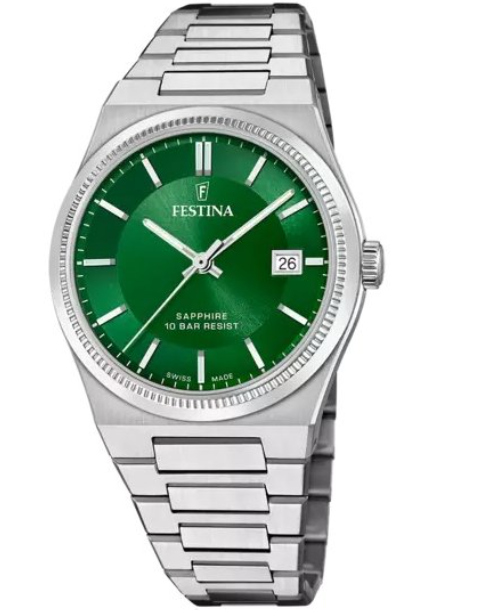 Festina Herrenuhr Grünes Ziffernblatt  F20034/3 Stahlband Datumsanzeige 10 BAR Wasserdicht