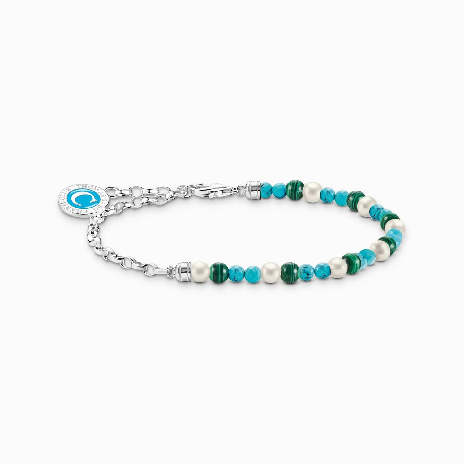 Thomas Sabo Member Charm-Armband (17 cm) mit weißen Perlen, Malachit und Charmista Coin Silber