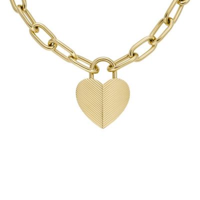 Fossil Kette Harlow Linear Texture Anhänger Heart Edelstahl goldfarben