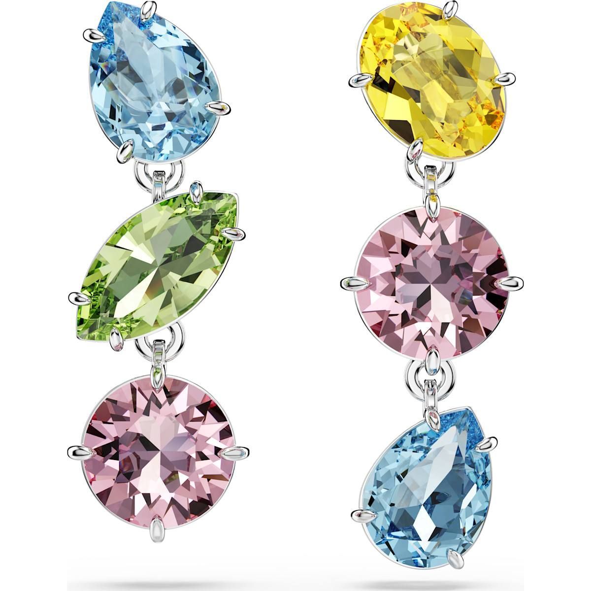 Swarovski Gema Drop-Ohrhänger Asymmetrisches Design, Verschiedene Schliffe, Mehrfarbig, Rhodiniert