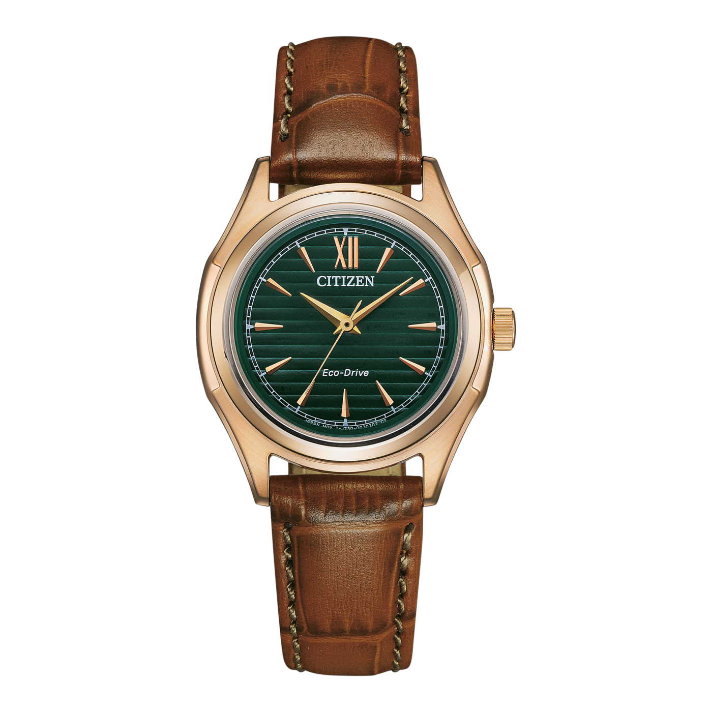 Citizen Damenuhr Eco-Drive Grün Gold Braunes Leder