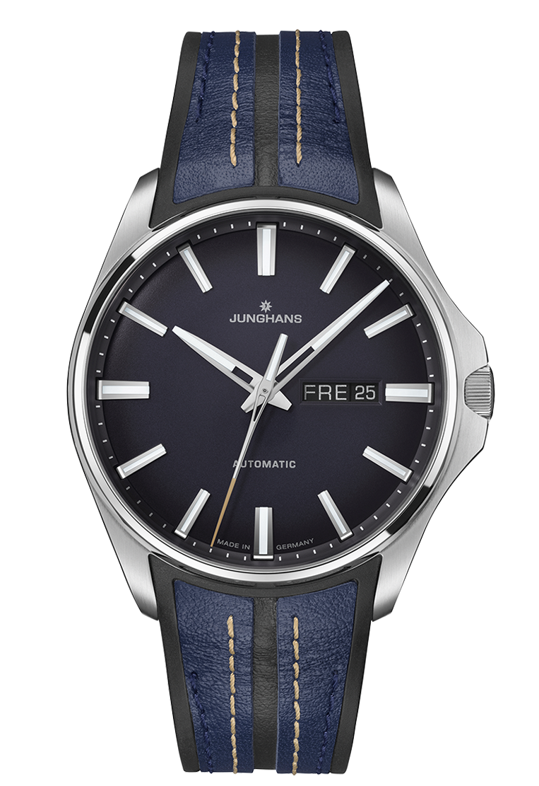 Junghans Meiste S Automatic Saphirglas Wasserdicht bis zu 20 bar, synth. Kautschuk/Lederkombination mit Faltschließe
