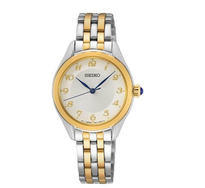 Seiko Damenuhr Goldfarben Bicolor  Silber Gold Metallband mit Zahlen Quarzuhr SUR380P1