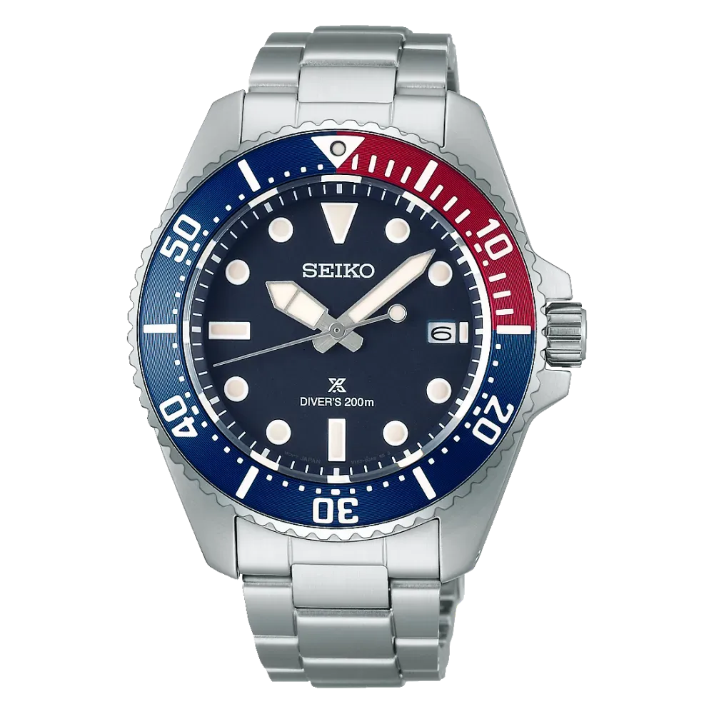 Herrenuhr Seiko Prospex Solar Diver’s 200m SNE595P1 Solaruhr Rot Blau Pepsi