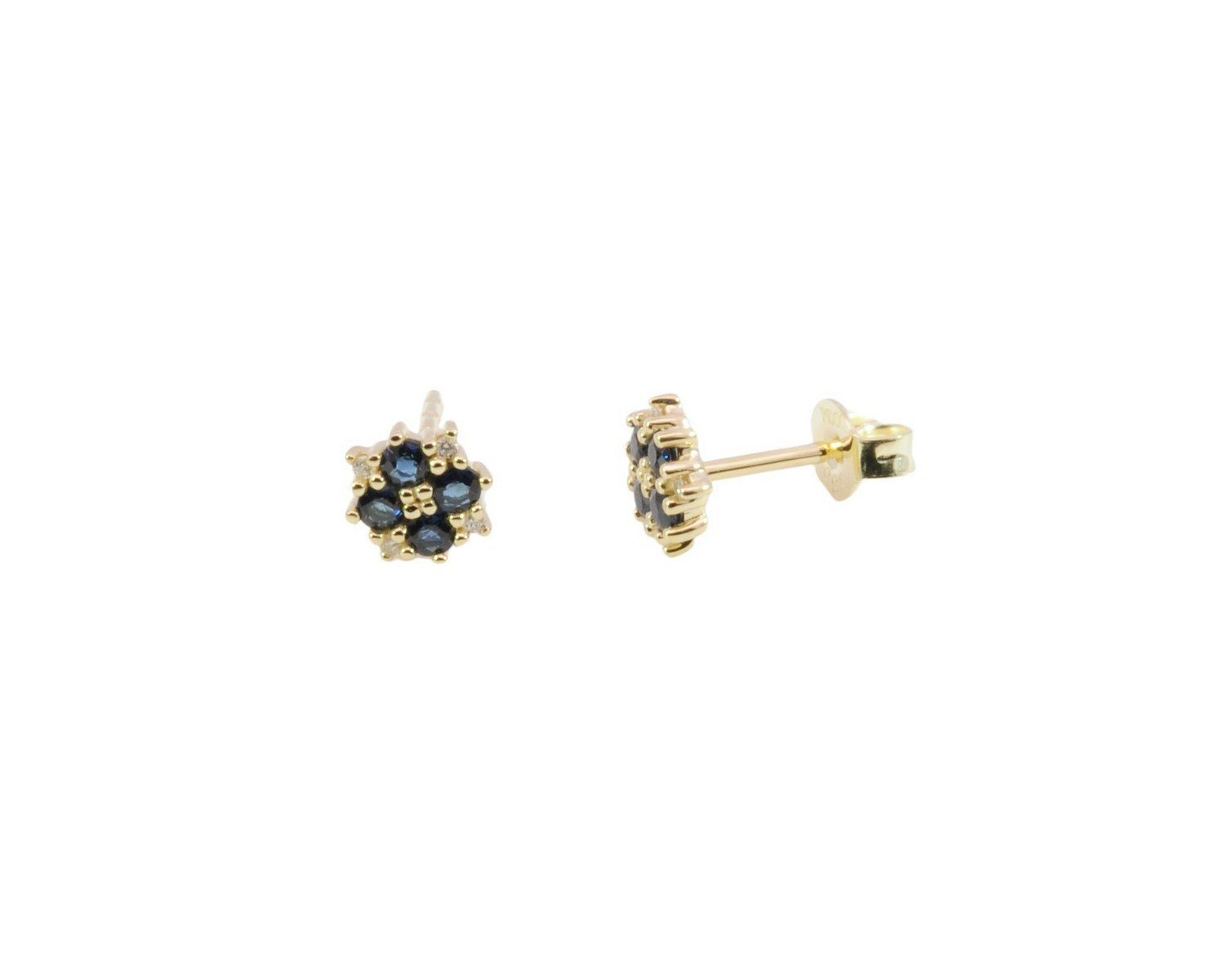 Ohrstecker Spahir Safir 6 mm, poliert, 8 Brillanten W-SI zus. 0,03 ct, 8 Saphire rund, 2 mm, 0,384 ct Gelbgold 585