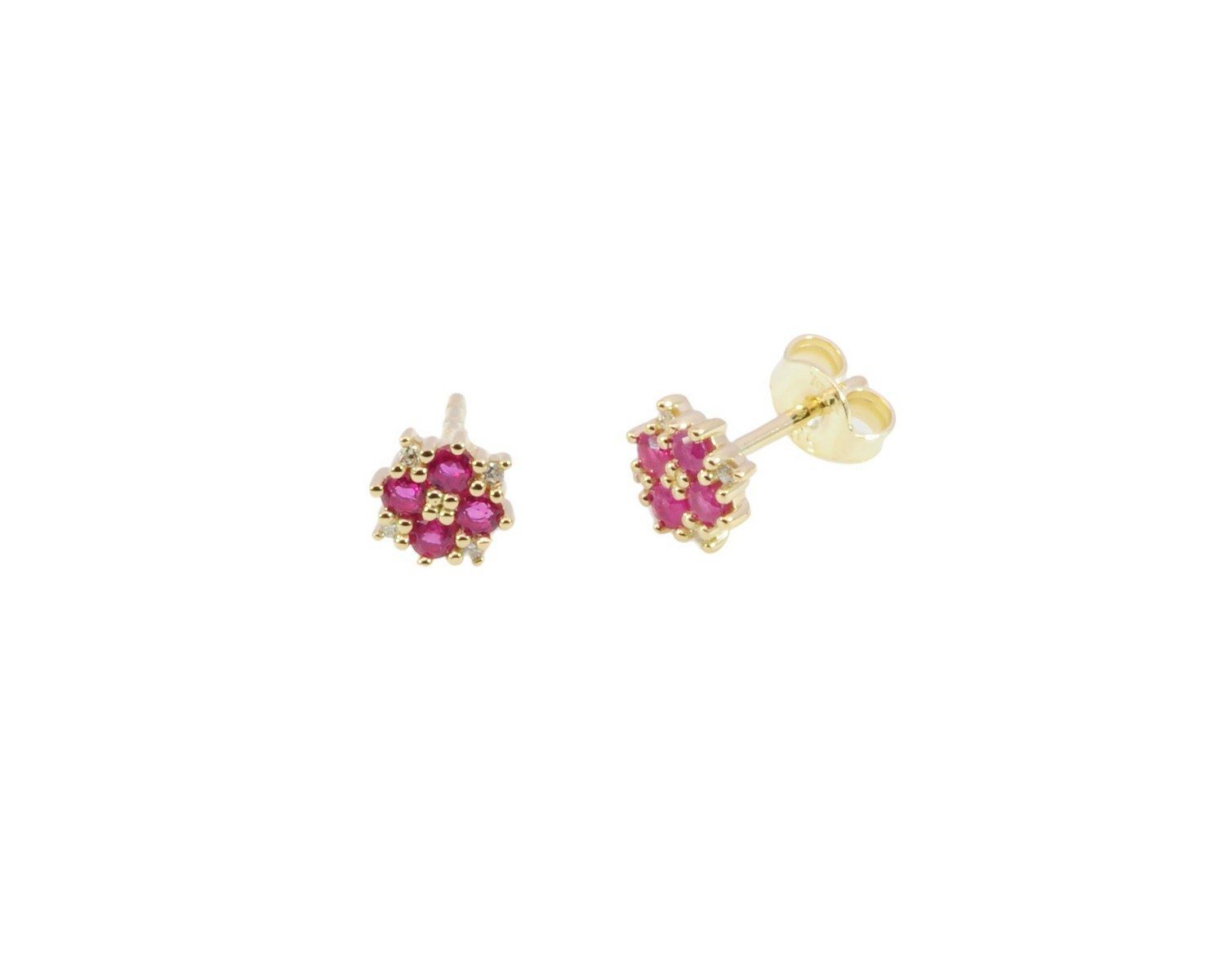 Ohrstecker Rot Rubinstecker 6 mm, poliert, 8 Brillanten W-SI zus. 0,03 ct, 8 Rubine rund, 2 mm, 0,336 ct Gelbgold 585