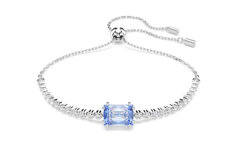 Swarovski Armband mit einem blauen Stein  Baguette Matrix Kollektion Rundschliff Weiß  Rhodiniert Kugelschiebeverschluss