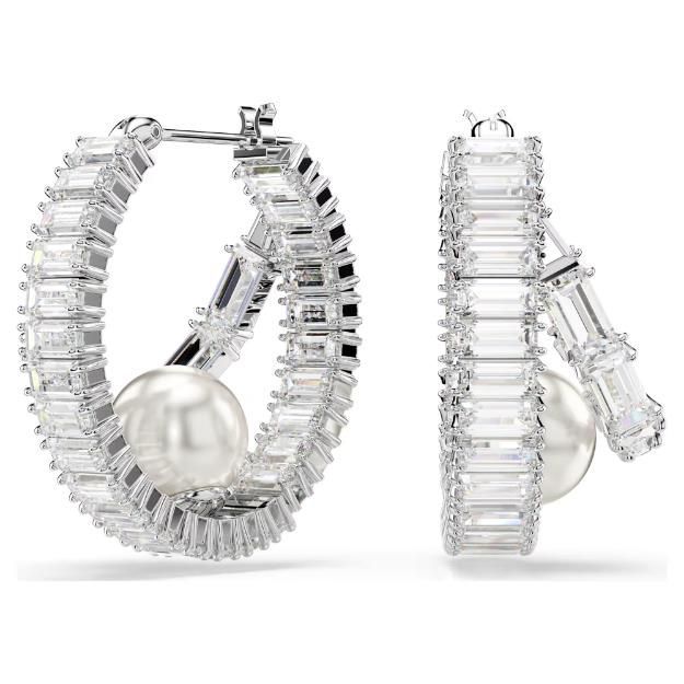 Swarovski Ariana Grande x Swarovski Kreolen Kristallperle, Baguette-Schliff, Weiß, Rhodiniert