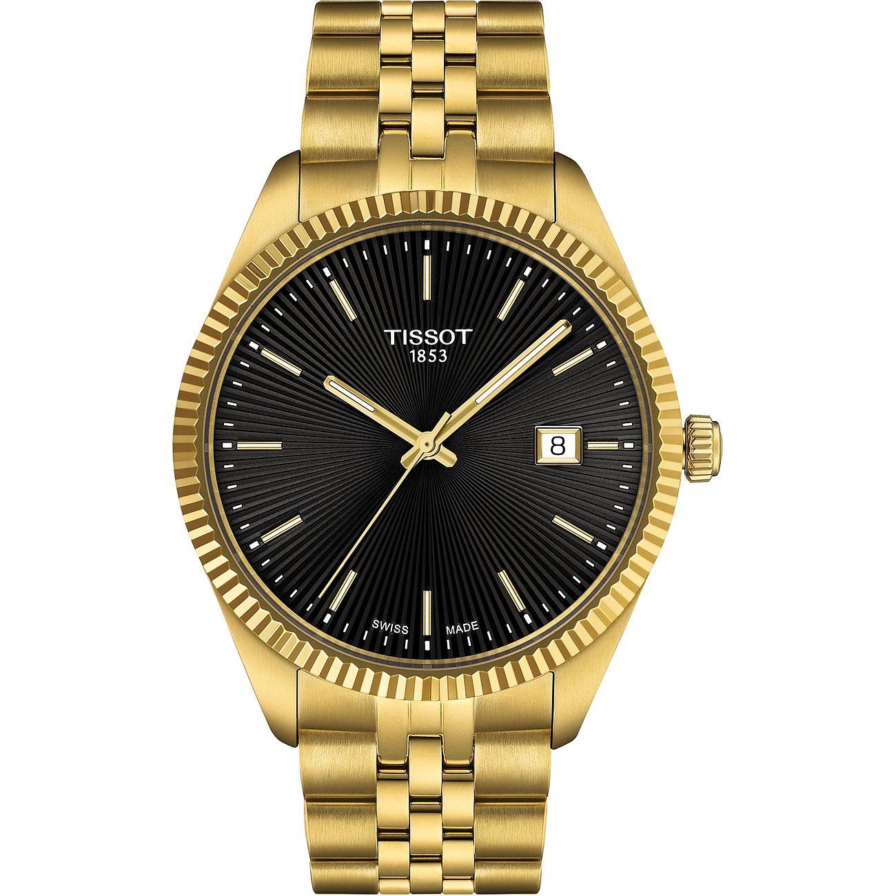 TISSOT goldene Herrenuhr Damenuhr Unisex Ballade  T1564103305100 geriffelte Lünette Quarzwerk