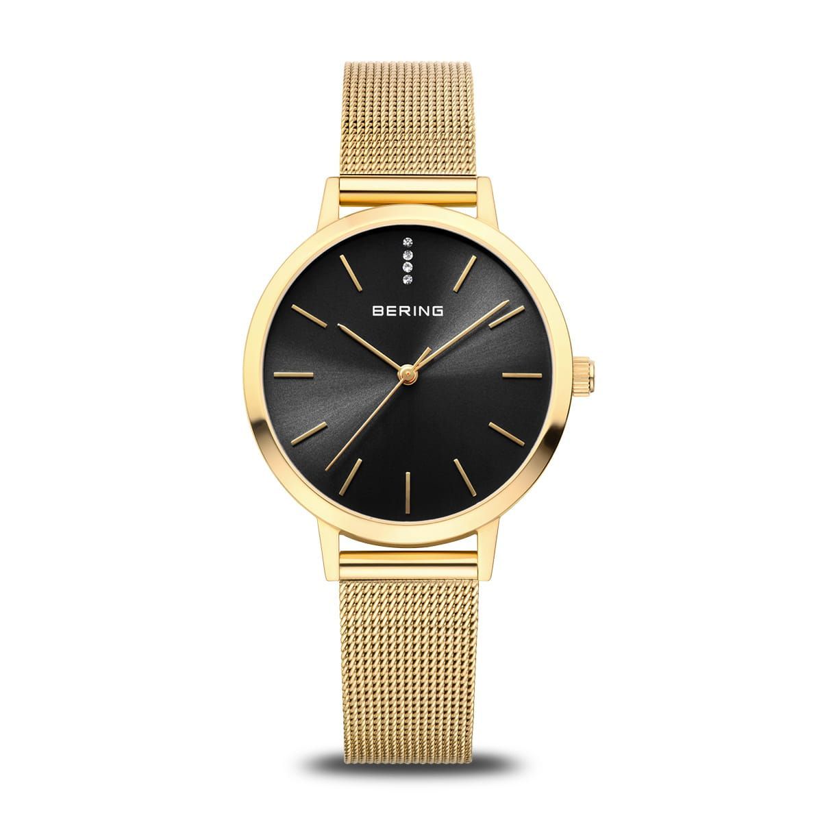 Bering Damenuhr Classic | gold glänzend Classic  goldene Uhr mit schwarzem Ziffernblatt
