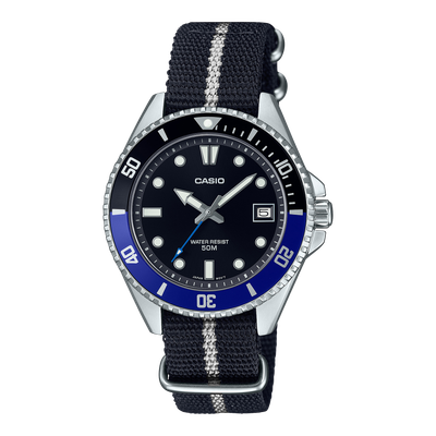 Casio Herrenuhr A158WETB-1AEF Stoffband Schwarz Blau Casio Herrenuhr A158WETB-1AEF Stoffband Schwarz Blau