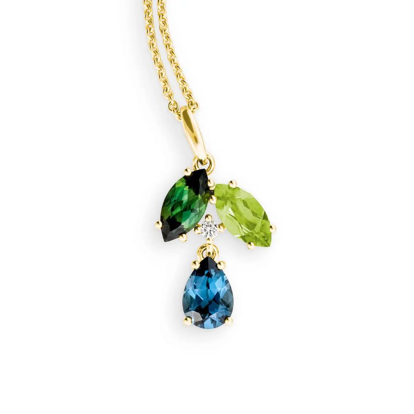 Anhänger · Gelbgold 585 · Topas London blue · Turmalin gruen · Peridot · Brillant 0,02ct H/SI · 16 mm