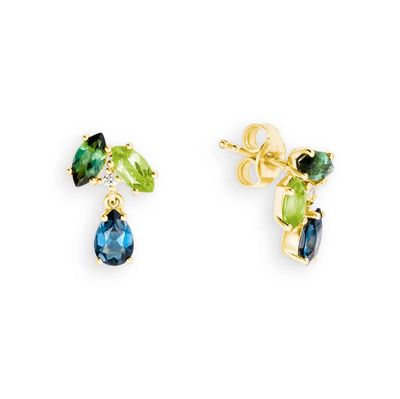 Pendel Ohrstecker Gelbgold 585 · Topas London Blue · Turmalin grün · Peridot · Brillant 0,02ct H/SI · 13 mm Pendel Ohrstecker Gelbgold 585 · Topas London Blue · Turmalin grün · Peridot · Brillant 0,02ct H/SI · 13 mm