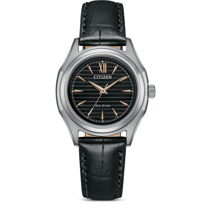 Citizen Damenuhr Eco-Drive Leder Schwarz Roségold