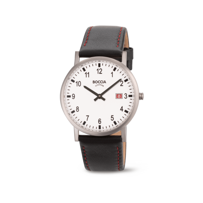 Boccia Herrenuhr Classic Titan Leder Datum Schwarz/Weiss/Rot