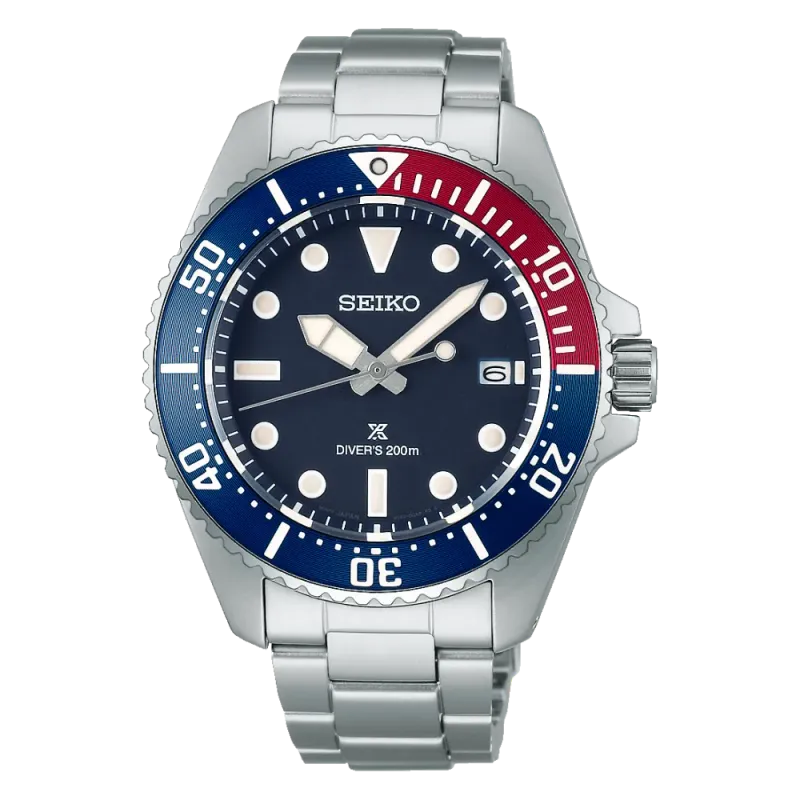 Herrenuhr Seiko Prospex Solar Diver’s 200m SNE595P1 Solaruhr Rot Blau Pepsi