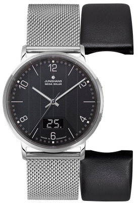 JUNGHANS MILANO MEGA SOLAR 056462844 Edelstahlgehäuse, Funk/Solar, Glassolarzelle, Milanainseband plus Ersatzband Lederband schwarz JUNGHANS MILANO MEGA SOLAR 056462844 Edelstahlgehäuse, Funk/Solar, Glassolarzelle, Milanainseband plus Ersatzband Lederband schwarz