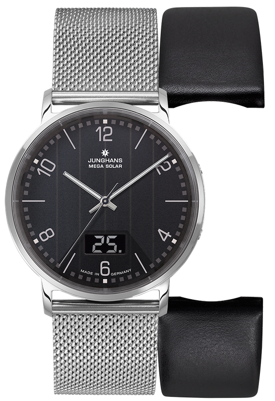 JUNGHANS MILANO MEGA SOLAR 056462844 Edelstahlgehäuse, Funk/Solar, Glassolarzelle, Milanainseband plus Ersatzband Lederband schwarz