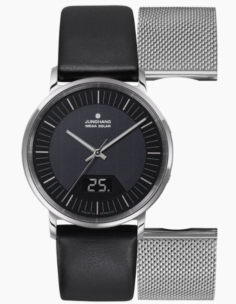 JUNGHANS MILANO MEGA SOLAR  056422000 Herrenuhr Stahlband Lederband Schwarzes Ziffernblatt
