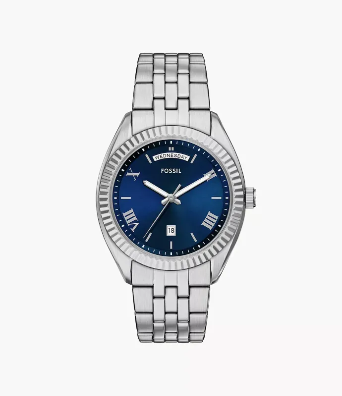 Fossil Herrenuhr blaues Ziffernblatt FS6140 Uhr Campbell 3-Zeiger-Werk Wochentag Datum Edelstahl