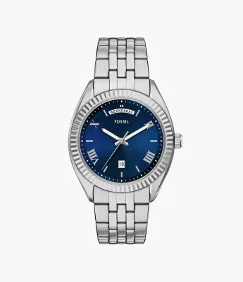 Fossil Herrenuhr blaues Ziffernblatt FS6140 Uhr Campbell 3-Zeiger-Werk Wochentag Datum Edelstahl