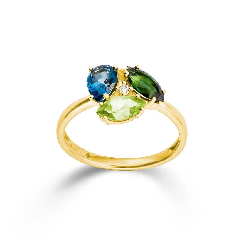 Ring (56) Gelbgold 585 · Topas London blue · Turmalin gruen · Peridot · Brillant 0,02ct H/SI