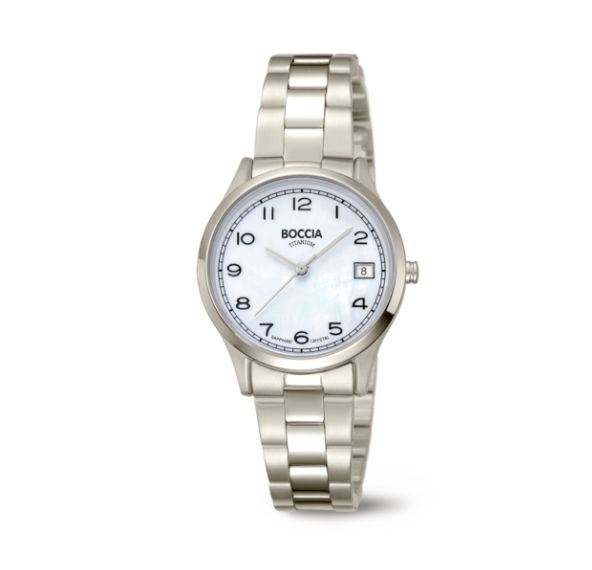 Boccia 3324-01 Damenuhr Classic Reintitan Saphirglas Perlmuttzifferblatt Datum