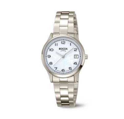 Boccia 3324-01 Damenuhr Classic Reintitan Saphirglas Perlmuttzifferblatt Datum