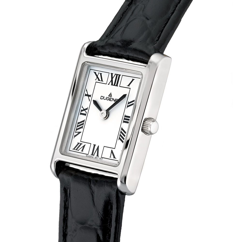 Dugena Armbanduhr 4460700 Eckig Lederband Quadra Classica Weiß Silber Lederband Schwarz