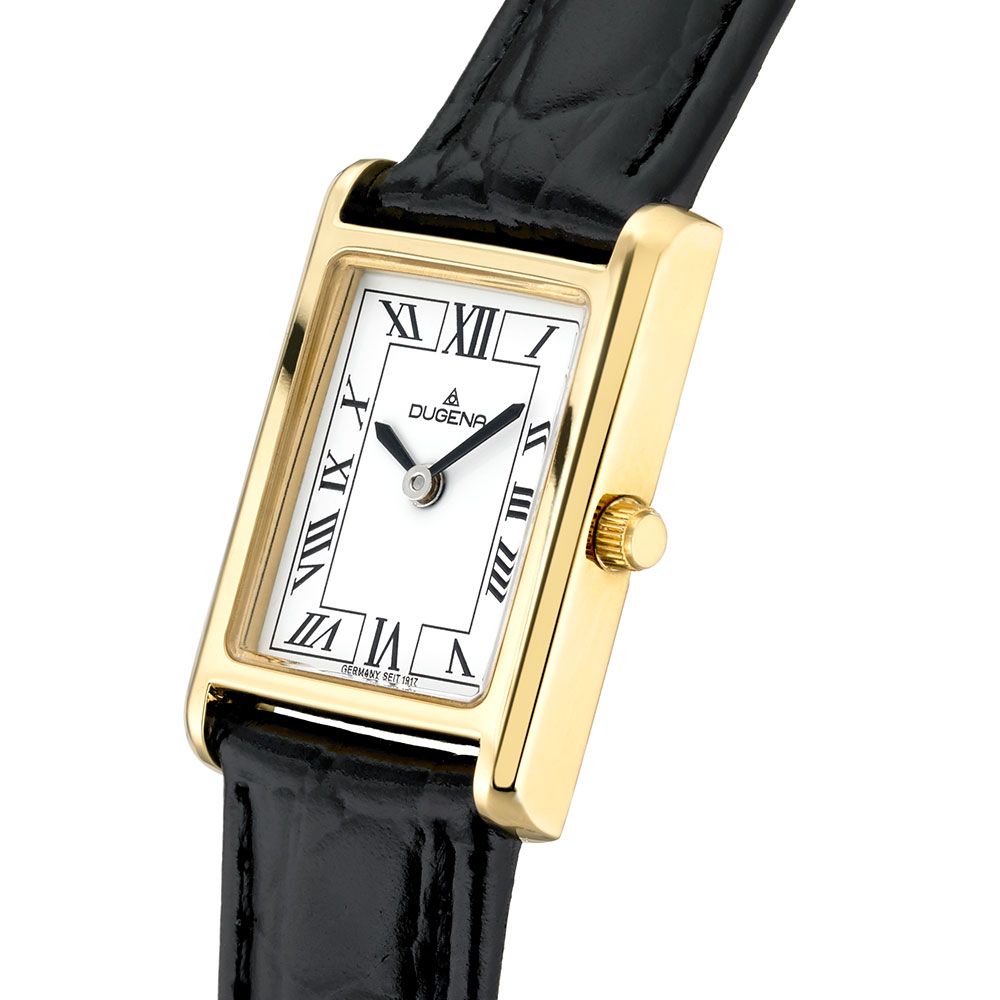 Dugena Armbanduhr 4460725 Eckig Lederband Quadra Classica Weiß Gold Lederband Schwarz