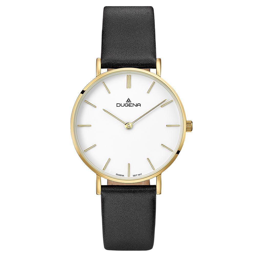 Dugena Armbanduhr 4460746 Linée Weiß Gold Lederband Schwarz