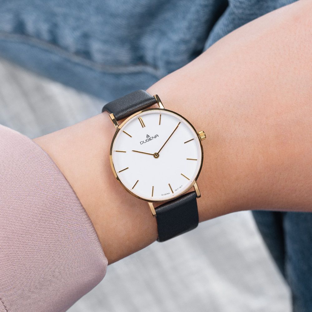 Dugena Armbanduhr 4460746 Linée Weiß Gold Lederband Schwarz