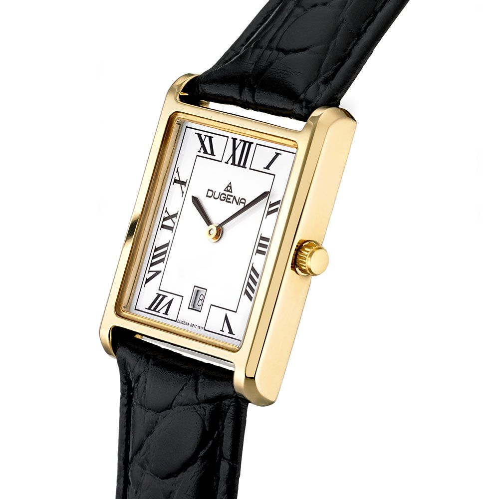 Dugena Armbanduhr 4460726 Eckig Lederband Quadra Classica Weiß Gold Lederband Schwarz