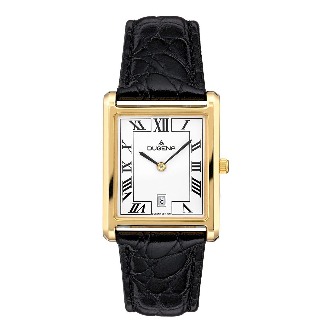 Dugena Armbanduhr 4460726 Eckig Lederband Quadra Classica Weiß Gold Lederband Schwarz