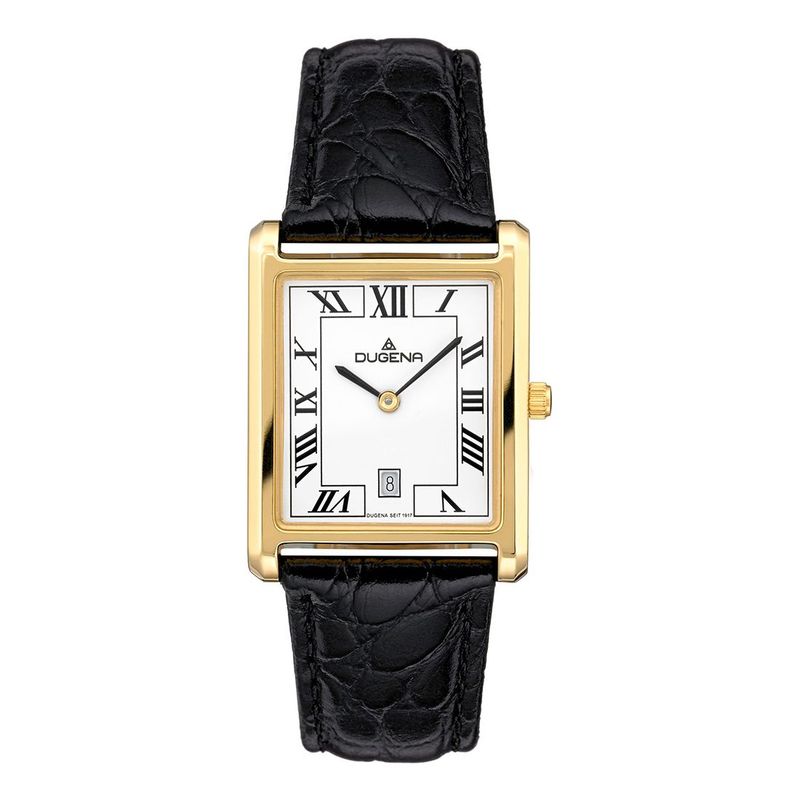 Dugena Armbanduhr 4460726 Eckig Lederband Quadra Classica Weiß Gold Lederband Schwarz