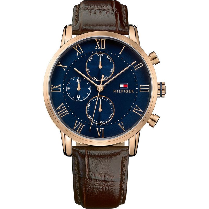 Tommy Hilfiger Herrenuhr Blaues Ziffernblatt Rosegold Braun Lederband Tommy Hilfiger Herrenuhr Blaues Ziffernblatt Rosegold Braun Lederband